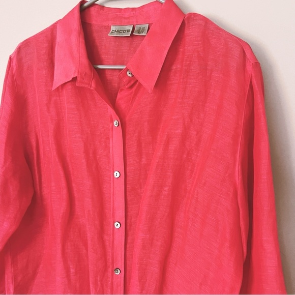 Chico’s Silk Linen Button Down Shirt Large 12 Pink Red Quiet Luxury Coastal Chic - Picture 4 of 9